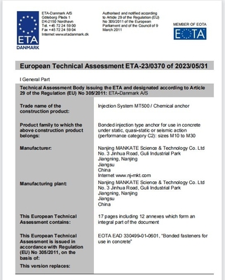 ETA Approved High Loading Epoxy Resin For Chemical Anchoring Cartridge System